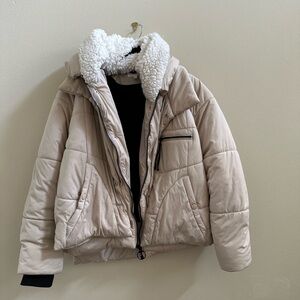 Women's Cream Puffer Jacket with Faux Shearling Collar